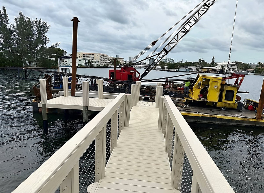 Dock access ramp and gangway with construction crane barge — South Florida