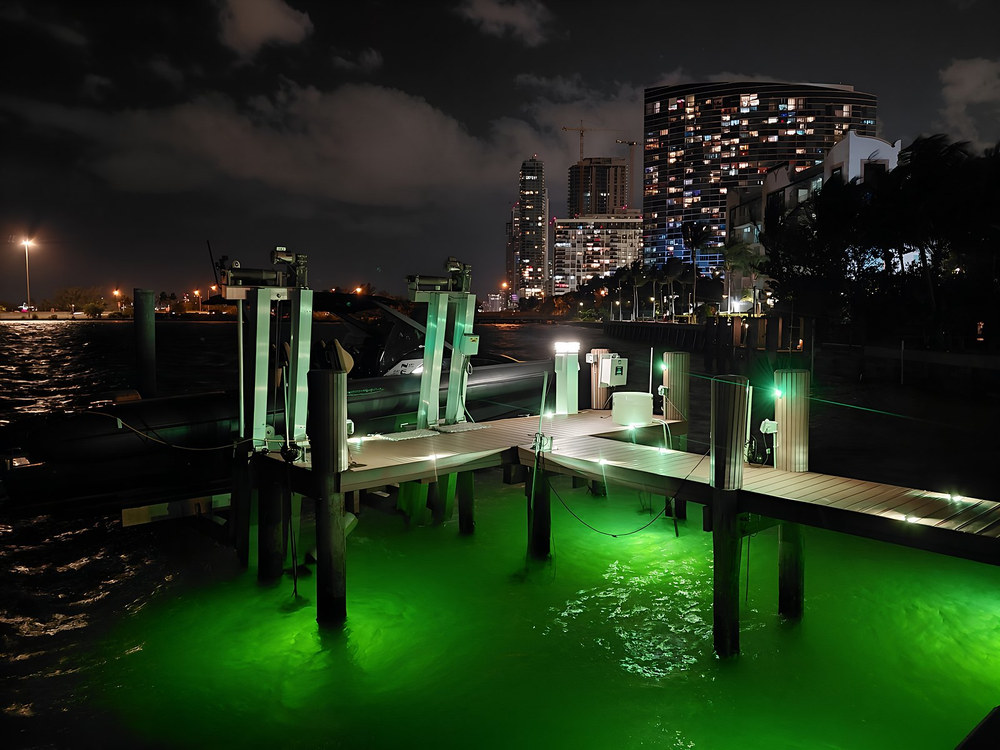 Dock with vivid green underwater lighting and Miami city skyline at night — South Florida