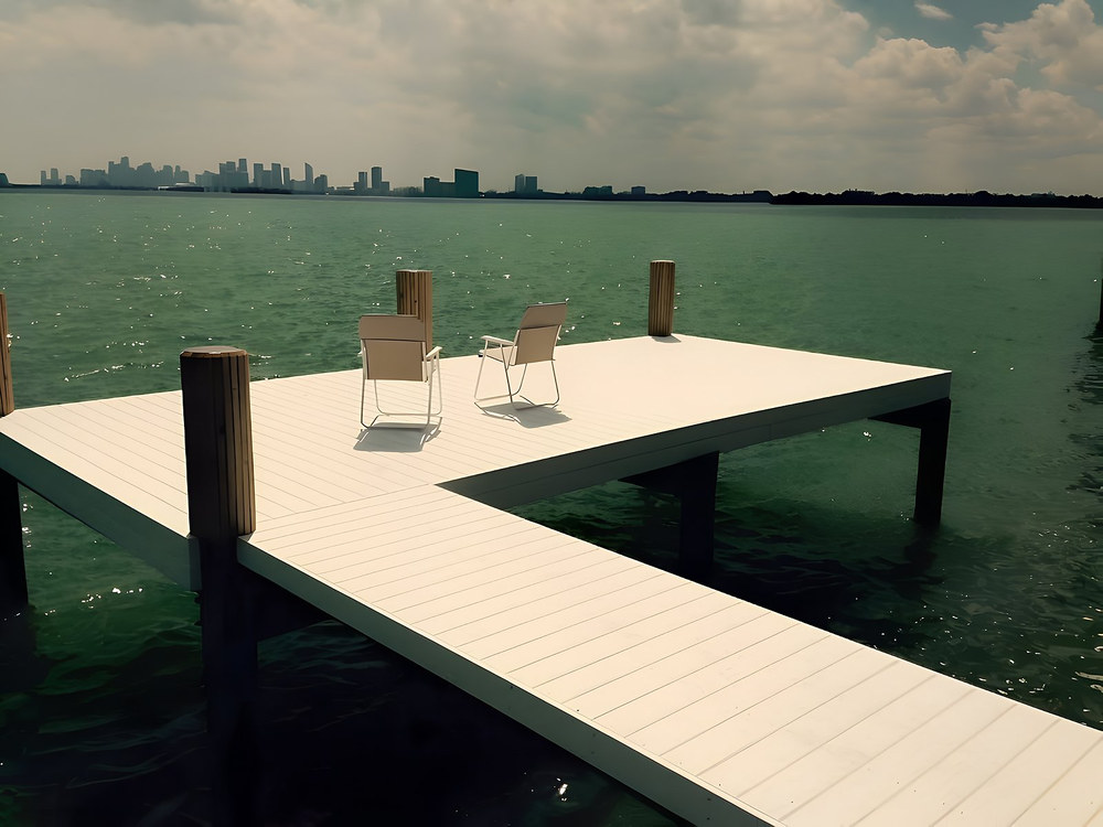 White composite dock platform with lounge chairs overlooking Biscayne Bay and Miami skyline — South Florida by Contour Marine