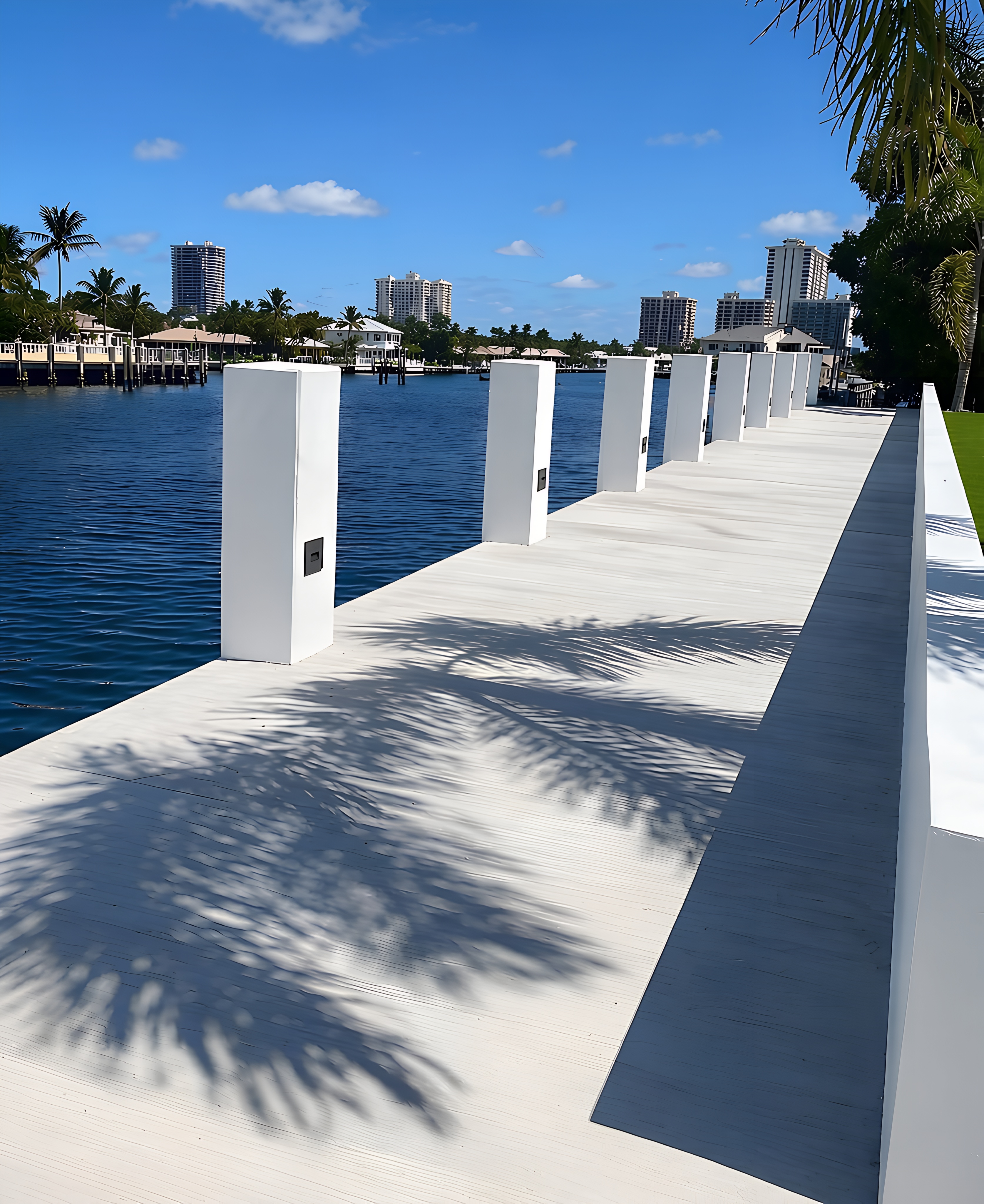 Modern dock with white square posts extending over blue water — South Florida by Contour Marine