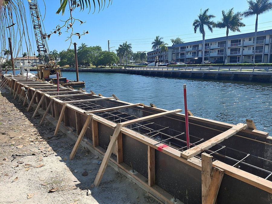 Seawall formwork and rebar reinforcement grid during construction — South Florida by Contour Marine